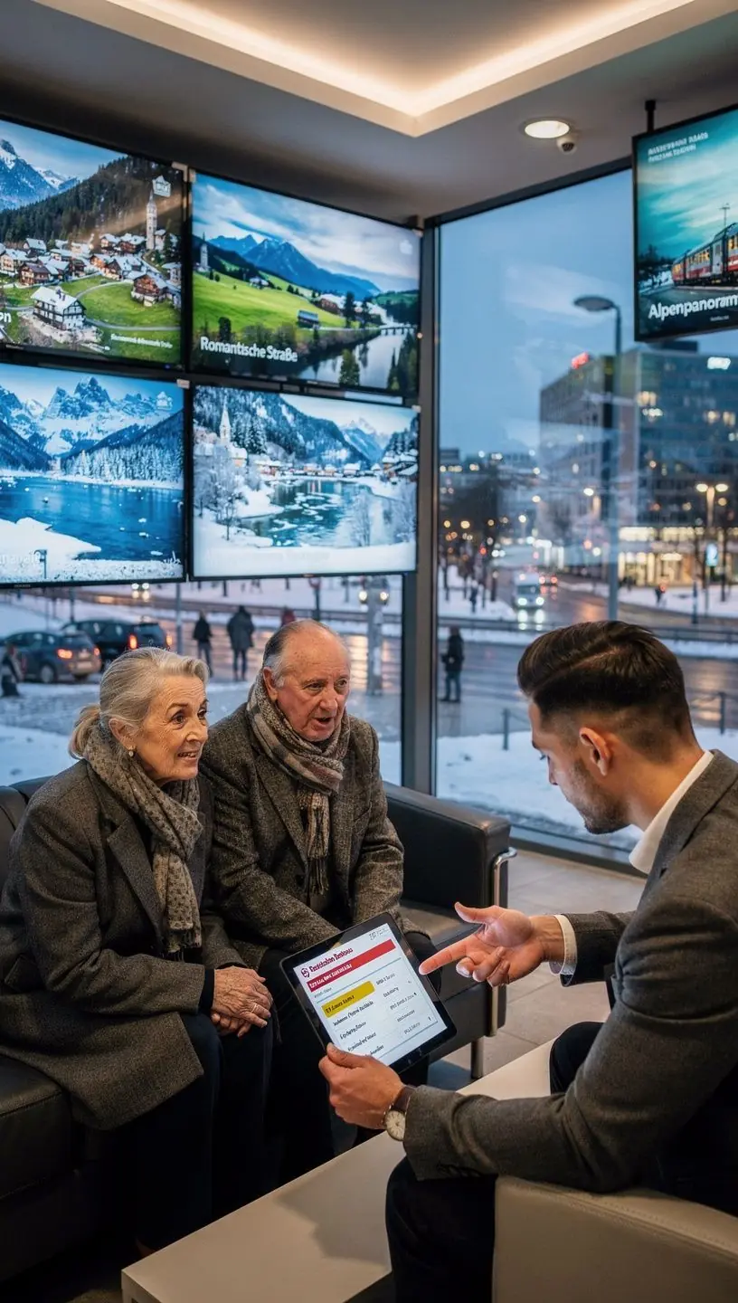Innenraum eines komfortablen Reisezugwagens mit großen Fenstern und bequemen Sitzen für entspanntes Reisen.